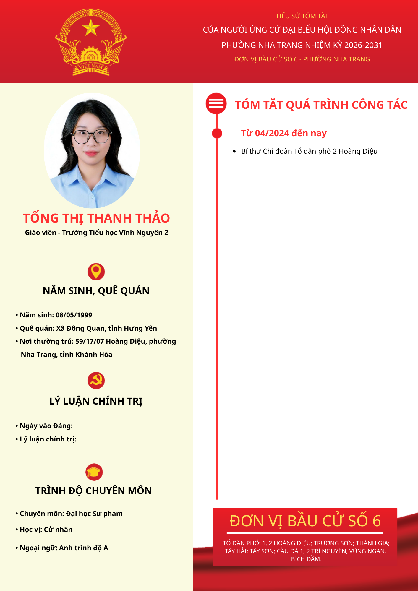 Tiểu sử tóm tắt của người ứng cử đại biểu HĐND phường Nha Trang